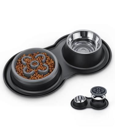 BurgeonNest Slow Feeder Dog Bowls, 27oz Stainless Steel 4-in-1 Food and Water Bowls with No-Spill Silicone Mat Bloat Stop Slow Down Eating Puzzle Bowl for Medium Small Sized Dogs Grey