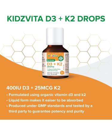 KidzVita - Organic Vegan Vitamin D3 & K2 Drops 400 IU - Support Healthy Bone Teeth and Immunity - Children s Multivitamin For 1 to 8 Years Old 3.6 ML 90 Servings - Buy Online on GoSupps.com