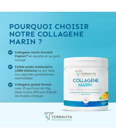 MARINE COLLAGEN PATENTED POWDER | 257g Pure Collagen Peptides Type 1 | Soft Joints Smooth and Hydrated Skin | Orange Taste | 100% French Spine | Terravita - Buy Online on GoSupps.com