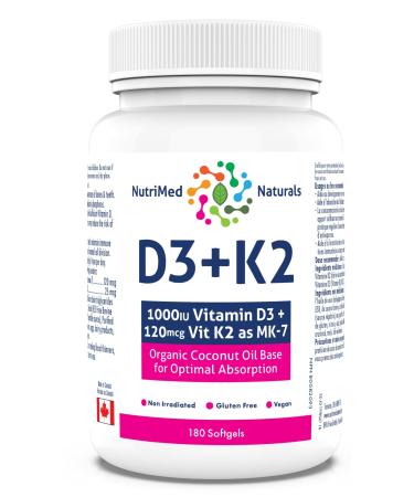 Optimal Bone & Teeth Support D3 + K2 180 Softgels - Optimal Absorption with Organic Coconut Oil Base MK7 K2 Vitamin for Bone & Heart Health Inspiring Wellness with D3K2 Vitamins 3rd Party Tested - Formulated & Made in Canada
