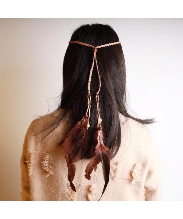 TseenYi Gypsy Feather Headband Hair band Boho Feather Hair Band Beaded Feather Tassel Headband Jewelry for Women and Girls Christmas Stage Performance(Brown)