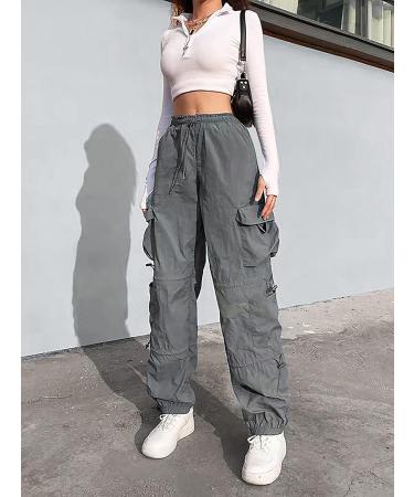 Women's Baggy Cargo Pants | Drawstring Elastic Waist | Ruched Hiking Parachute Lounge Pant - Grey (Small) - Buy Online on GoSupps.com