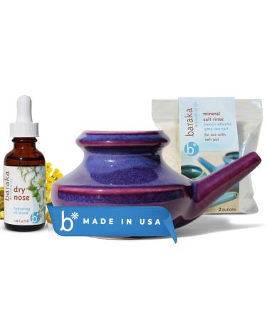 Baraka Sinus Ayurvedic Care Bundle - Includes Handcrafted Ceramic Neti Pot French Atlantic Grey Neti Salt (2-oz) Dry Nose Oil (1-oz) for Sinus Relief Hydrates Nasal Passages Lightweight - Purple