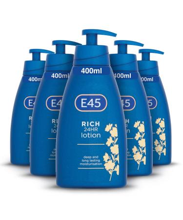 E45 Rich Skin Lotion 400 ml x5 Pack E45 Moisturising Lotion with Evening Primrose Oil Lightweight Body Lotion for Dry and Sensitive Skin Long-Lasting Moisturisation for Soft and Supple Skin E45 Rich Lotion 400ml (Pack of 5)