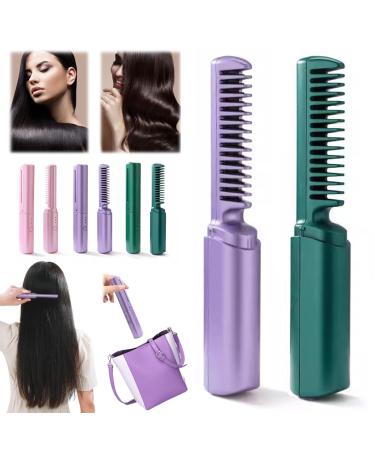 Rechargeable Mini Hair Straightener Comb Portable Electric Straightening Comb with Adjustable Temperature Tourmaline Ceramic Plates Travel Hair Straightener for Wet & Dry Hair (Green+Purple)