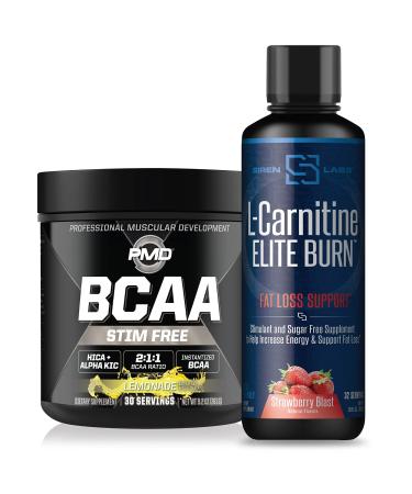 PMD Sports BCAA's Stim Free for Recovery and Performance Lemonade (30 Servings) & Siren Labs L-Carnitine Elite Burn Fat Loss Support Strawberry Blast 3000 mg (32 Servings)