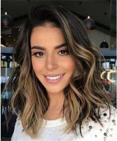 Short Ombre Wigs for Women - 16 Synthetic Lace Front with BrownBlonde Highlights | 180% Density Balayage Hair - Buy Online on GoSupps.com