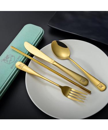 Boulder Bee Camping Utensil Set - Stainless Steel Flatware for Outdoor Picnics - Travel Silverware Set with Case - Includes Knife, Fork, Spoon, Straw, Cleaning Cloth - Gold - Buy Online on GoSupps.com
