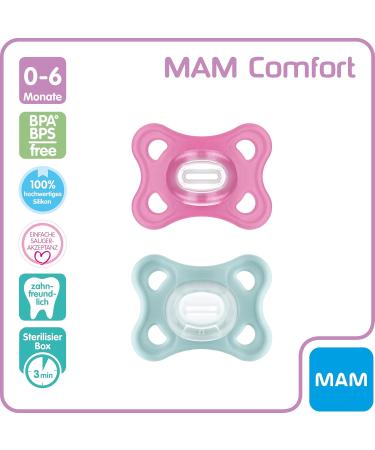 MAM Comfort Schnuller 2 Set - Lightweight Silicone Baby Pacifier for Newborns (0-6 Months) - Soft SkinSoft Design & Pacifier Box - Pink/Mint - Buy Online on GoSupps.com