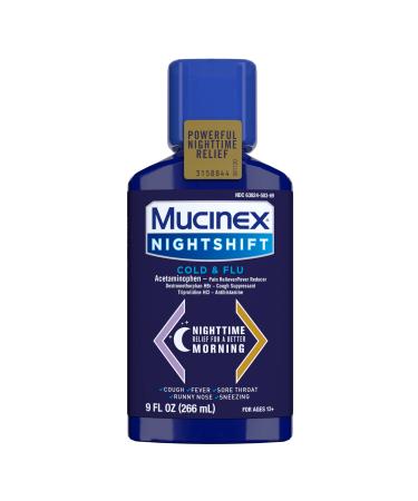 Mucinex  Nightshift  Cold & Flu Liquid 9 fl. oz. Relieves Fever Sneezing Sore Throat Runny Nose and Controls Cough