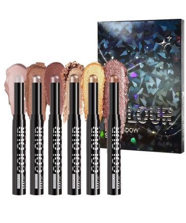 Glitter Eyeshadow Stick - Waterproof Eye Pencil in 6 Shades Soft Cream Texture Easy Glide-On Application | Gift Choice Stick for Long-Lasting Shine