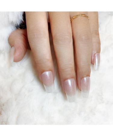 LADYING Moonlight Glitter Gel False Nails - Milky White Coffin Press on Nails French Tip Pattern Medium Kit with Nail Glue for Women Nails Art - 1 Pack - Buy Online on GoSupps.com