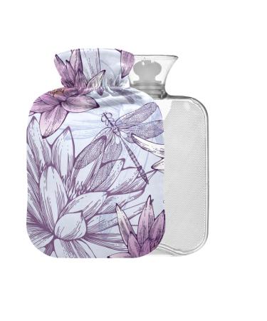 Lilies Dragonflies Hot Water Bottle with Cover 1 l Small Hot Water Bag for Pain Relief Bed Hand and Feet BAP-Free