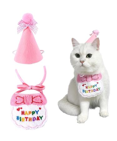 Cat birthday cloth scarf and party hat mini dog/cat birthday bibs pet birthday outfit cat birthday party decoration set (pink) pink