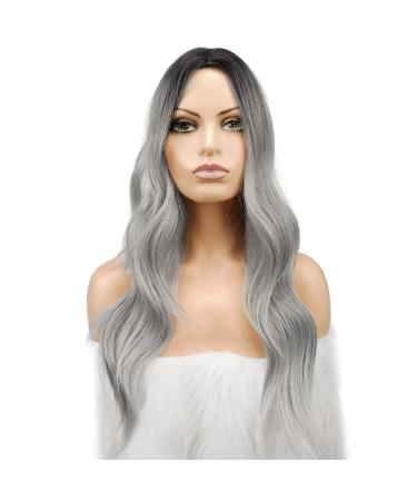 Fine Long Curly Ombre Gray Wig - 55 cm Synthetic Middle Parting for Women | Perfect for Parties & Daily Wear - Buy Online on GoSupps.com