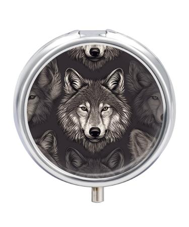 Round Pill Box Wolf Head Pattern Print 3 Compartment Medicine Pill Case Print Pill Organizer Decorative Metal Portable Pill Box Pocket Pill Box