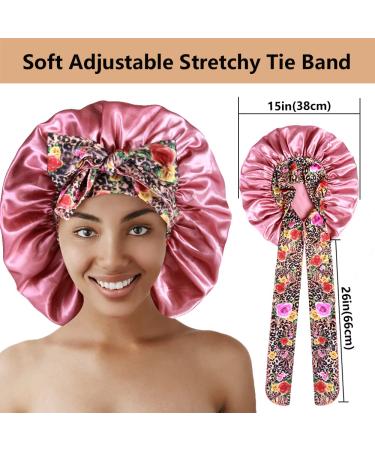 2pcs Large Silk Bonnets with Tie Band for Sleeping Curly Hair - A-black & Rose Gold - Buy Online on GoSupps.com
