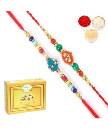 Ghasitaram Gifts Rakhi for Brother Rakhis Online - Set of 2 276 277 Fancy Rakhis with 400 GMS of Soan Papdi
