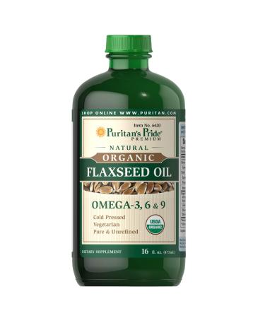 Puritan's Pride Organic Flaxseed Oil, Cold-Pressed, Source of Vegetarian Omega 3-6-9, 16 Fluid Ounce, Pack of 1 (Packaging may vary)