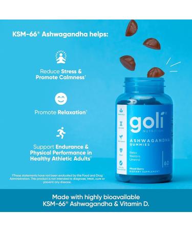 Goli Ashwagandha & Vitamin D Gummy - 60 Count - Mixed Berry KSM-66 Vegan Plant Based Non-GMO Gluten-Free & Gelatin Free Relax. Restore. Unwind Pack of 1 - Buy Online on GoSupps.com