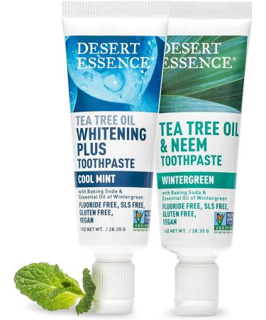 Desert Essence Tea Tree Oil Whitening Toothpaste Travel Size 1 oz - Fluoride Free | Gluten Free | Vegan | Non-GMO - With Bamboo Stem Fiber, Baking Soda & Tea Tree Oil for Brighter Smile & Fresh Breath - Buy Online on GoSupps.com