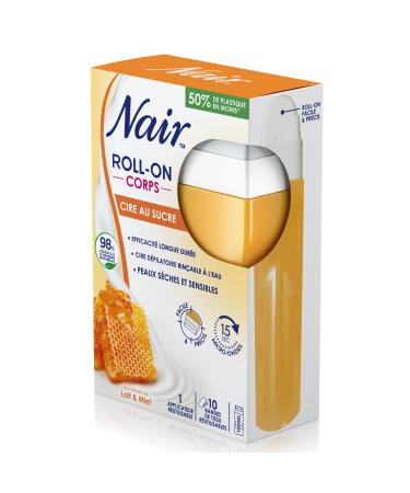 NAIR - Roll-On Sugar Wax, with Milk & Honey Extracts, Special for Dry & Sensitive Skin, with 10 Reusable Water-Rinsable Strip