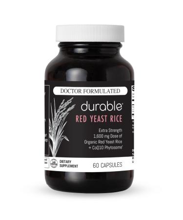 Durable RED Yeast Rice Organic 1 600 mg Extra Strength + CoQ10 Phytosome Supports Healthy Cholesterol Heart Lipids & Circulation Doctor Formulated Non-GMO Vegan Made in USA (60 Capsules). 60 Count (Pack of 1)