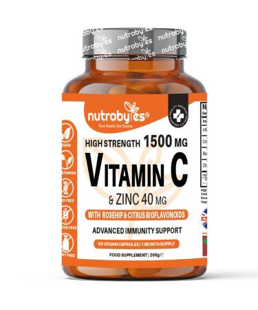Vitamin C and Zinc Capsules | High Strength Vitamin C 1500mg and Zinc 40mg | Enhanced with Rosehip and Citrus Bioflavonoids | for Maintenance of Normal Immune System | 60 Vegan Capsules | Made in UK 60 count (Pack of 1)