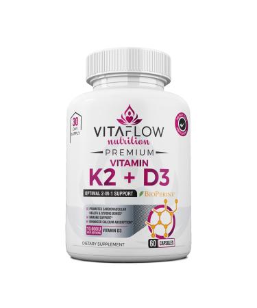 VITAFLOW Nutrition Vitamin K2 and D3 Supplements - 60 Capsules 30 Day Supply- Better Calcium Absorption - Supports Cardiovascular Health Teeth Bone & Muscle Strength - Dietary Support