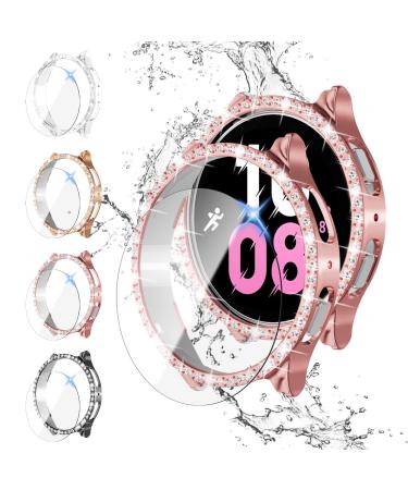4+4Pack Bling Diamond Case for Galaxy Watch 5/Galaxy Watch 4 Screen Protector 40mm Anti-Fog Tempered Glass Protective Film and Hard PC Cover Bumper Samsung Watch 5/4 Smartwatch Accessories for Women 4Packs(Transparent+RoseGold+Pink+Black) Galaxy Watch 5/4