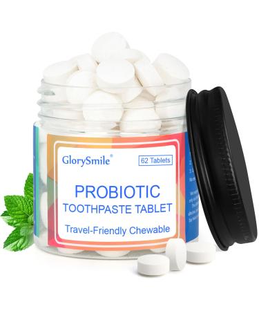 GlorySmile Toothpaste Tablets Nano Hydroxyapatite with Probiotics Fluoride & Plastic Free Eco & Travel Friendly Size Remineralizing Chewable Toothpaste Tabs - 62ct Mint