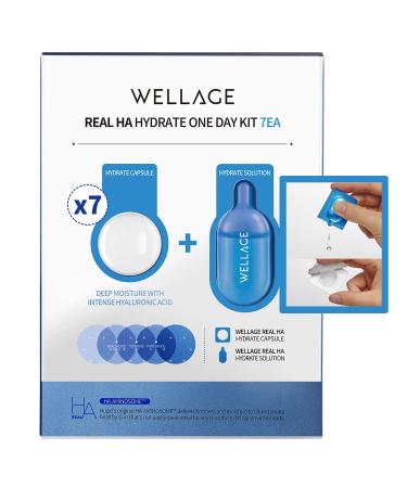WELLAGE Real HA Hydrate One Day Kit 7ea Firming and Moisturizing Care High Concentration Hyaluronic Acid Serum for Dry and Sensitive Skin Clear Blue Formula with 8 Herbal Extracts 14 Piece Set Hydrating Blue