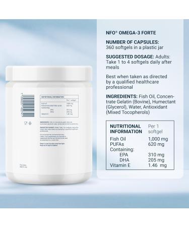 NFO Omega 3 Forte 360 Capsules Norwegian Fish Oil with high Concentration of EPA:DHA Formula with Vitamin E Natural Complex for Adults and Kids +3 Years Made in Norway from Freshly Caught Wild Fish 1 count (Pack of 360) - Buy Online on GoSupps.com