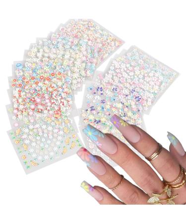 30Sheets Colorful Flower Nail Art Sticker Decals 3D Self Adhesive Nail Stickers Ice Crystal Floral Butterfly Daisy Bow Tie Heart Designs Nail Art Supplies with Glitter Nails Decorations for Women