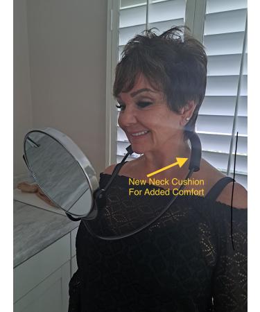 The Mirrorcle Great for viewing back of head  traveling  makeup  cutting hair. Cushioned cable is new for comfort to contour to your neck. Std viewing 1 side & 5X on opposite side.