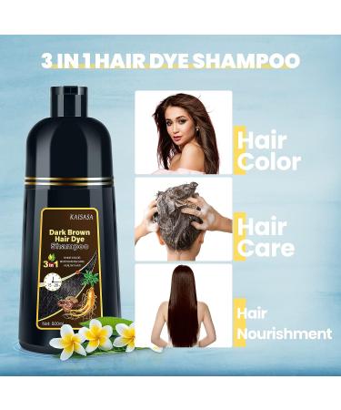 KAISASA Dark Brown 3-in-1 Hair Dye Shampoo for Gray Coverage - Herbal Ingredients - Women & Men - Semi-Permanent - Ammonia-Free (17.6 FL OZ) - Buy Online on GoSupps.com
