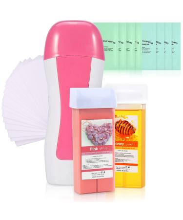 Roll on Wax for Hair Removal  Honey and Rose Roller Waxing Kit  Portable Pink Fast Heating Waxer for All Skin Types  10 Wipes for Pre-waxing  Post-waxing Care Treatment Oil  100 Wax Strips
