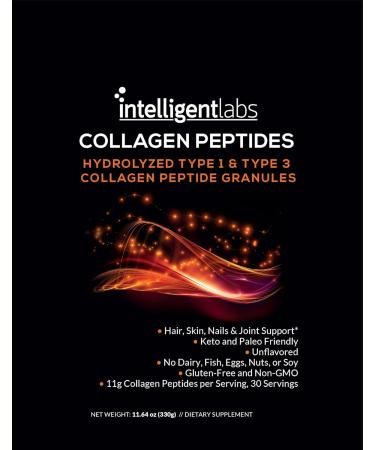 Intelligent Labs Hydrolyzed Type 1 and 3 Collagen Peptide Granules Collagen Powder Unflavored Keto and Paleo-Friendly Third-Party Verified For Purity 11g per Serving 30 Servings a Pouch 11.64 Ounce (Pack of 1) - Buy Online on GoSupps.com