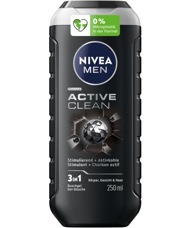 NIVEA MEN NIVEA MEN Active Clean pH Neutral Shower Gel for Men with Invigorating Fragrance Activated Charcoal Formula for Body Face and Hair (250 ml)