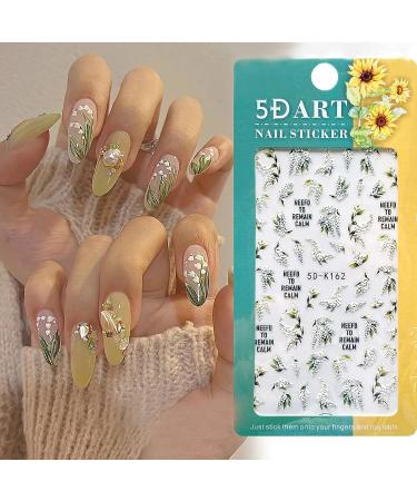 5D White Flower Nail Stickers - Summer Self Adhesive Leaf Decals for Nail Art | Green Leaves, Lily & Floral Accessories - Embossed Design for Blossom Decoration - Buy Online on GoSupps.com