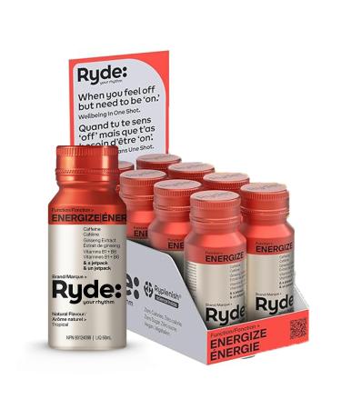 Ryde Energize Shot | Tropical Flavor | 8 pack of 60 ml shots | Vitamins B1 & B6 | Caffeine | Zero Calories Zero Sugar and Vegan Energize Shot (Tropical Flavor)