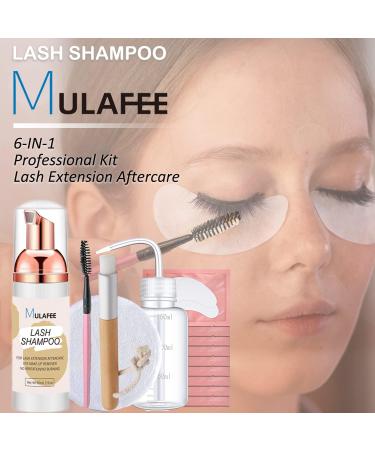 MULAFEE Lash Shampoo Kit for Eyelash Extensions - 60 ML Cleanser with Rinse Bottle, Brush, Wand, Cleaning Pad, Under Eye Pads - Salon and Home Care - Buy Online on GoSupps.com