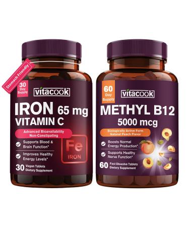 Iron and Vitamin B12 Bundle 5000 mcg B12 Zero Sugar Carbonyl Iron with Vitamin C Gentle on The Stomach