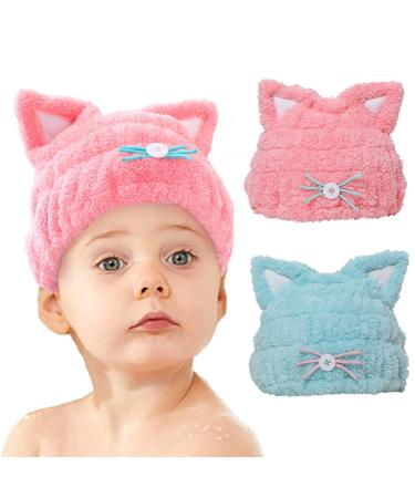 mdoahny 2Pcs Microfiber Quick Drying Towel Wrap for Kids Girls  Kids Hair Towel Wrap  Cute Ears Cap Wrapped Bath Tool Hair Turban  Absorbent Hair Dry Hat Cap Lightweight Hat Headscarf  Blue and Pink Blue&pink
