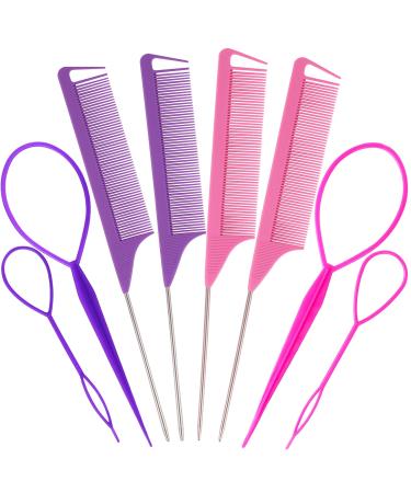 Parting Comb Braiding Comb - Hair Pull Through Tool Set 8 PCS Hair Tail Tools Hair Tools for Styling Topsy Tail Hair Tool Hair Styling Tools Hair Loop Styling Tool Hair Accessories for Women 8PCS 4PCS Pink+4PCS Purple
