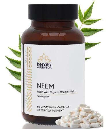 Kerala Ayurveda Organic Neem Tablets (60 Capsules) | Promotes Clear Skin Immune Support | Liver Support Herbal Supplement Detox Aid Containing Antioxidants for Youthful Appearance | Prop65 Compliant