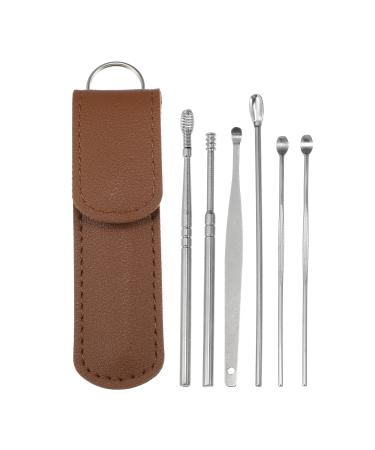 VOCOSTE 6Pcs Stainless Steel Ear Cleansing Tool Set Ear Cleaner Ear Care Set with Faux Leather Packaging Brown