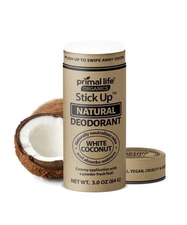 Stick Up Natural Deodorant for Women and Men with Bentonite Clay Powder  Arrowroot  Magnesium  Zinc  3 oz. Vegan Deodorant for 3-4 Months  White Coconut - Primal Life Organics