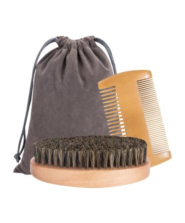 Beard Comb Brush Set Natural Boar Bristle Brush and Dual Action Wood Beard Combs with Velvet Travel Pouch for Men's Daily Grooming Care 3pcs