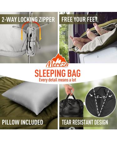 MEREZA XL Sleeping Bag with Pillow | All Season Camping & Hiking | 3-4 Seasons for Cold & Warm Weather | Army Green - Buy Online on GoSupps.com